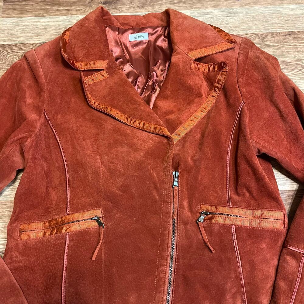 Di Vita Suede Moto Blazer Jacket Size 8 Burnt Orange - Picture 5 of 16